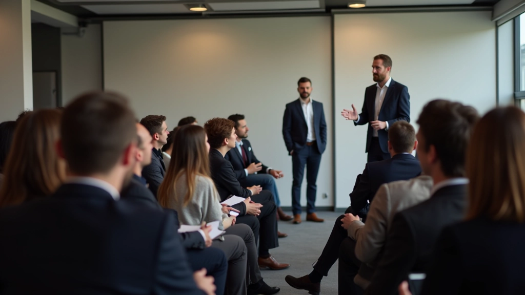 Groep van deelnemers aan presentatietraining in workshop omgeving met instructeur