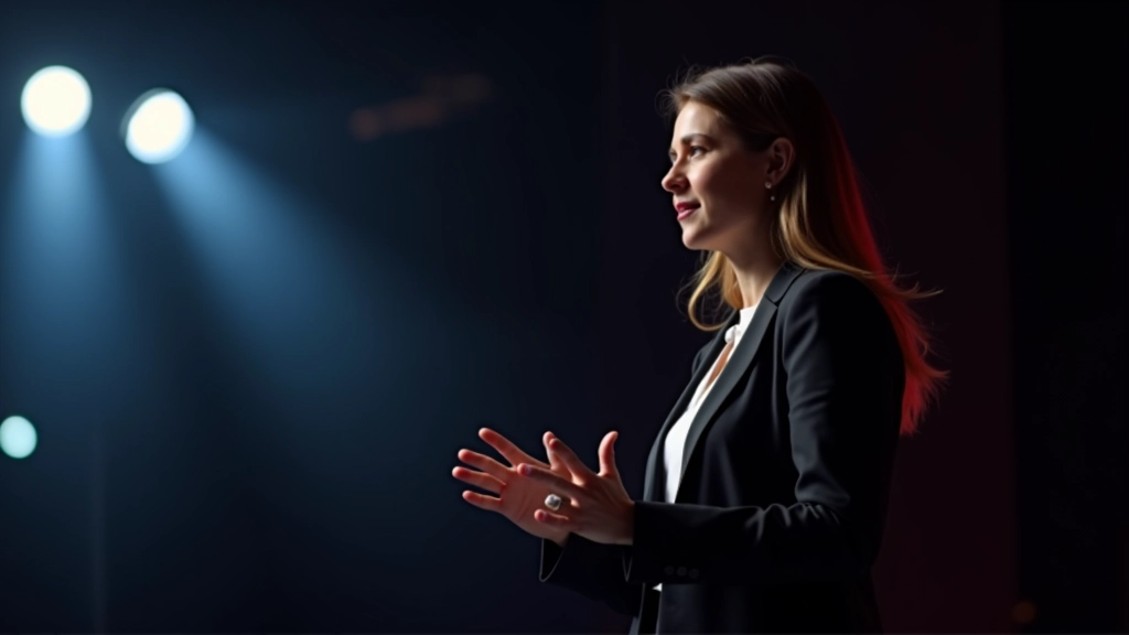Presentator met uitgespreide handen, mid-speech gebaar, energiek lichaam