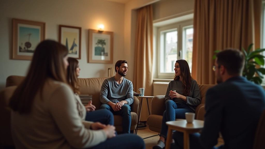 Persoon die zijn presentatie oefent voor een groep vrienden in een woonkamer