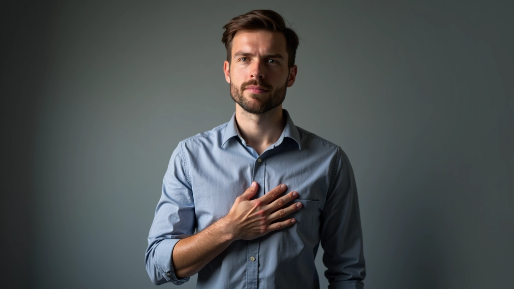 Man die zich concentreert terwijl hij spreekt, hand op borst voor ademhalingsoefening