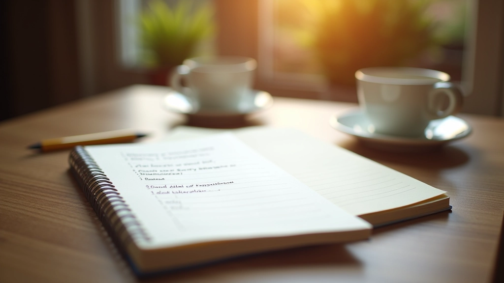 Notitieboekje met verhaalschets, potlood, en kopje koffie op houten tafel