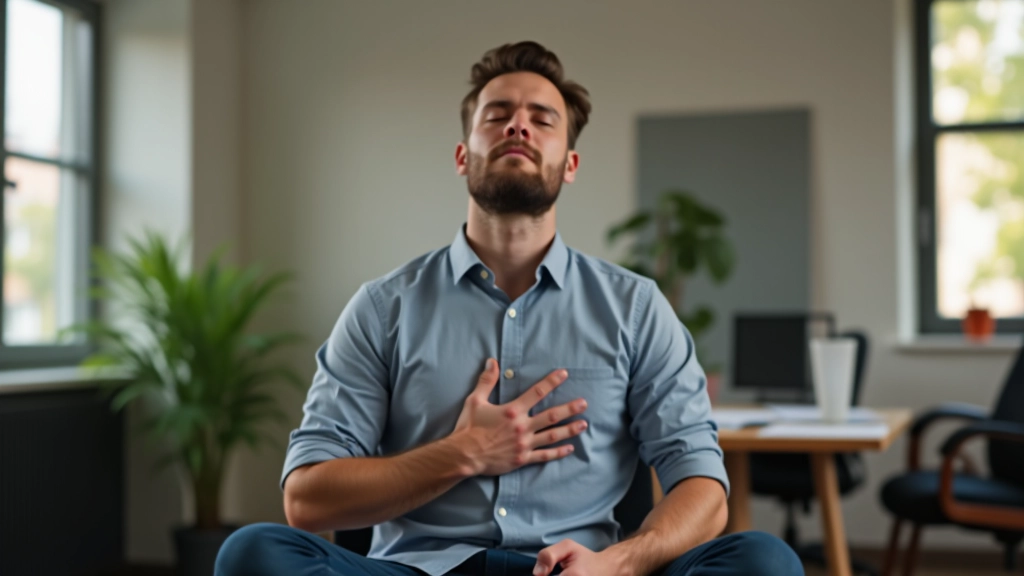 Persoon die diepe ademhalingsoefeningen doet in een kalme omgeving met gesloten ogen