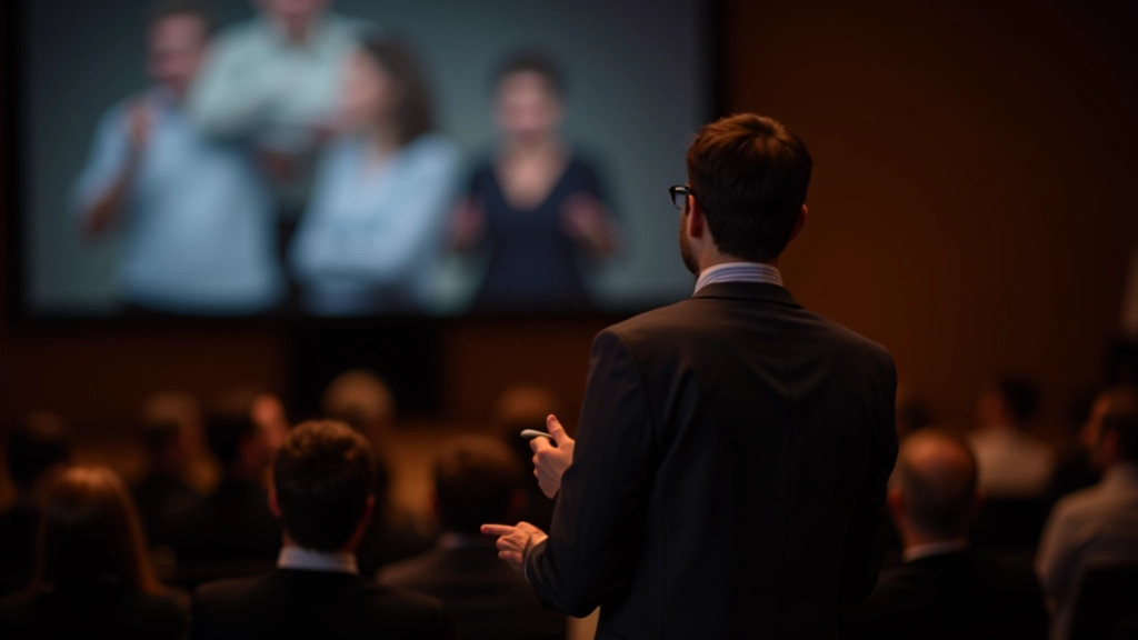 Presenter oefent voor klein publiek in werkshop