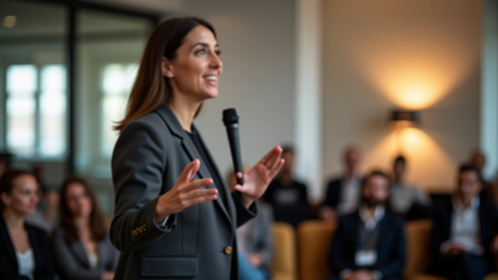 Presentatietrainer demonstreert spreken voor publiek in moderne trainingsruimte