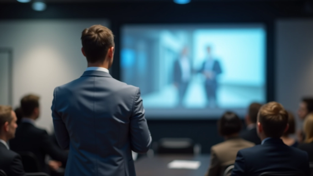 Persoon aan het presenteren met diagrammen op een scherm achter zich