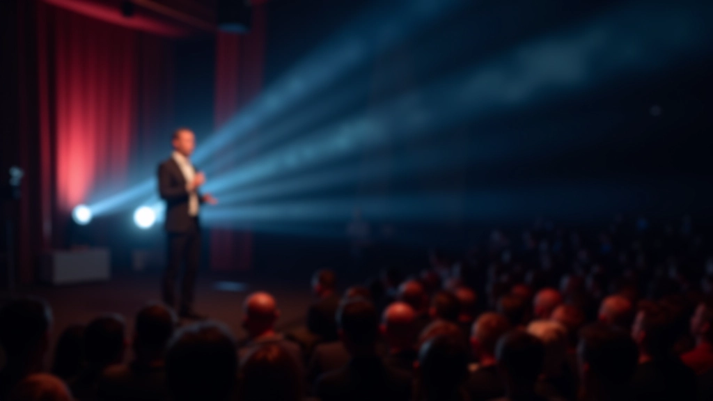 Professionele spreker op groot podium met scherm achter zich