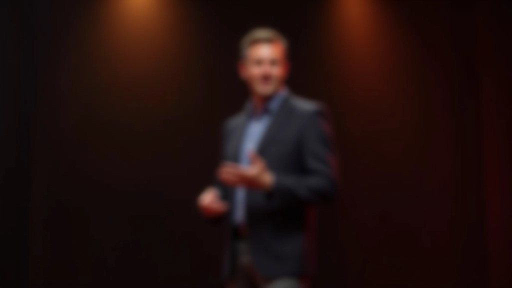 Presentator in open houding met zelfverzekerde standhoudng op podium