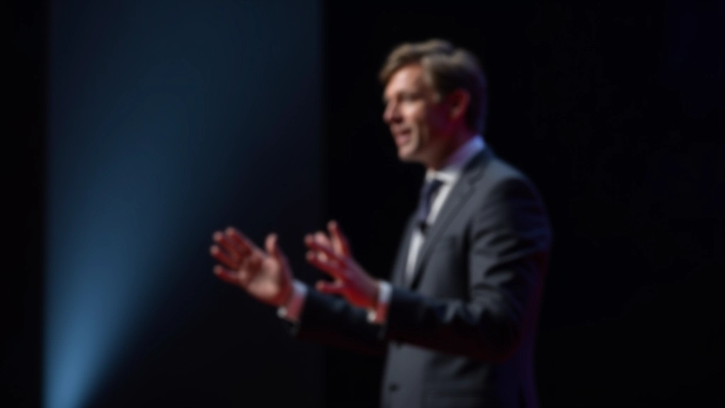 Spreker in volle actie op podium, gepassioneerd en geëngageerd met publiek