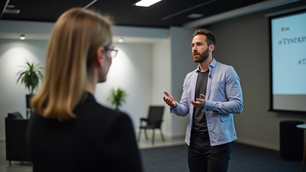 Trainer geeft feedback aan presentator in trainingsruimte