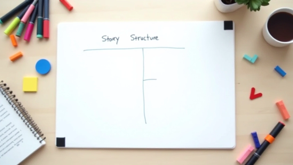 Whiteboard met verhaalstructuur geschetst, kleurrijke markers en notities