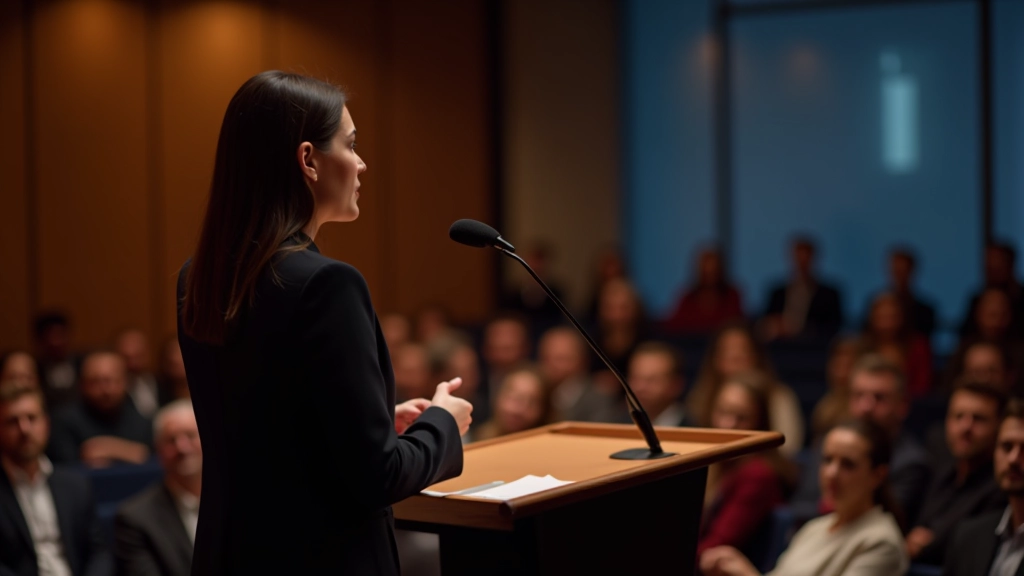 Vrouw aan het spreken voor een publiek in een conferentiezaal met microfoon